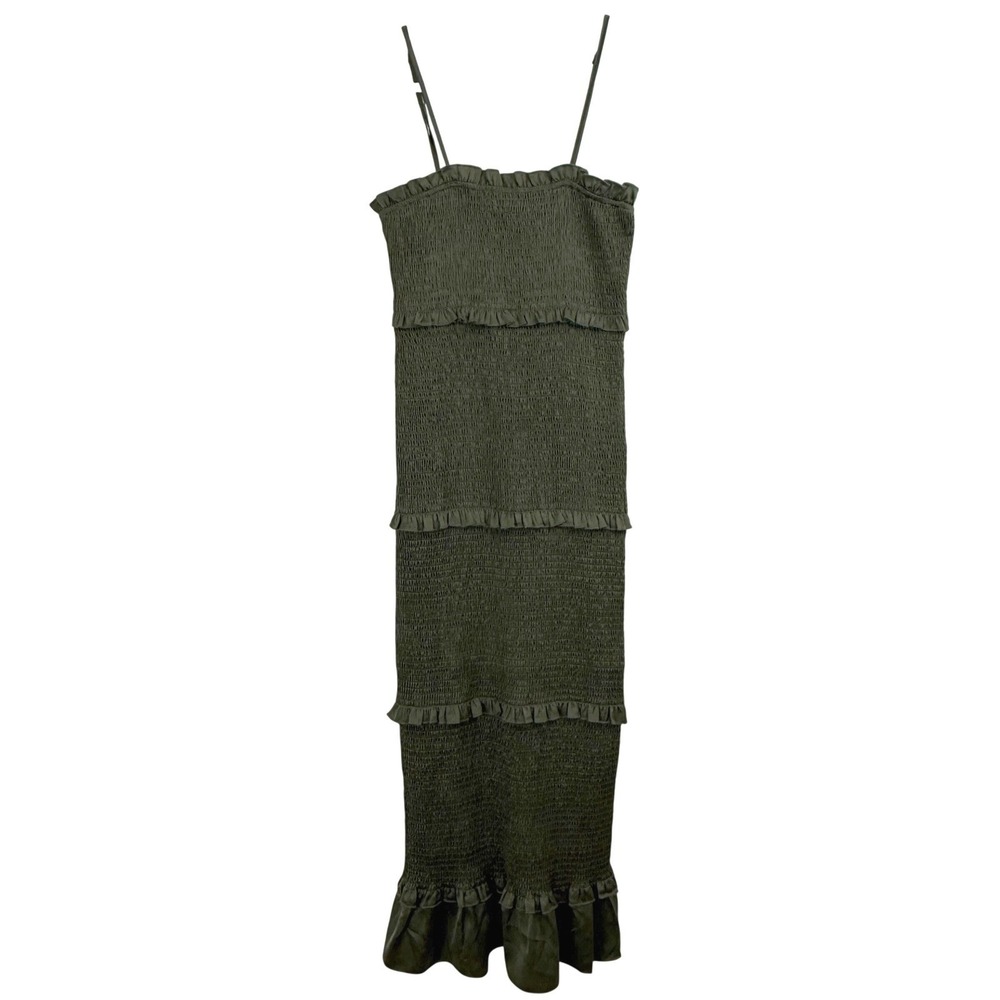 Mable ESME Green SATEEN Smocked Tiered Ruffle MIDI Dress Spaghetti Strap WOMEN M - Picture 2 of 10